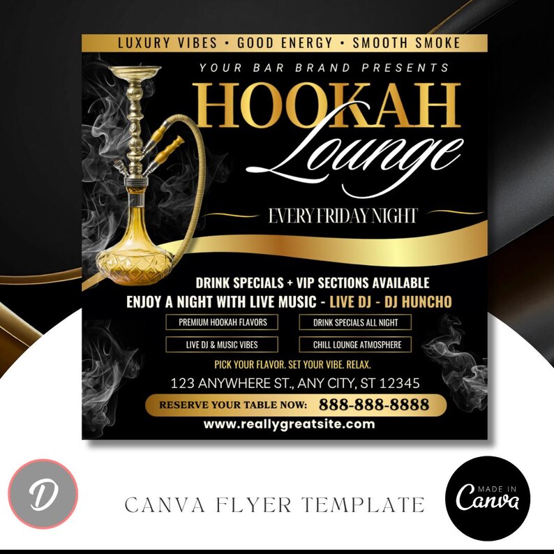 Hookah Night Flyer Template Canva, Gold Luxury Club Flyer, Hookah ...