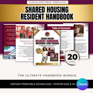 May include: A bundle of printable handbook templates for shared housing residents. The cover features a woman holding a key, with the text "Shared Housing Resident Handbook." Includes a table of contents and other program information. The bundle contains 20 pages.