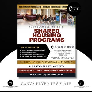 May include: A flyer for shared housing programs, featuring images of furnished rooms and people. The flyer includes contact information, details about the services offered, and the website address.