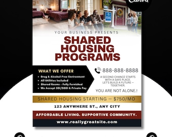 Shared Housing Flyer Template | Affordable Living Canva Flyer | Transitional Housing Room Rental Ad |  Editable Design