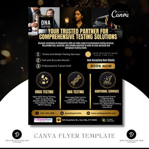 May include: Black and gold flyer with the text "YOUR TRUSTED PARTNER FOR COMPREHENSIVE TESTING SOLUTIONS." It lists drug, DNA, and additional testing services. Includes contact information and a "Book Now" button.