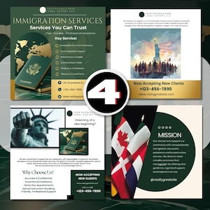May include: Four-panel advertisement for immigration services. The panels feature a passport, the Statue of Liberty, flags, and text. The text includes "Immigration Services," "Now Accepting New Clients," and contact information.