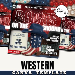 Op de afbeelding: Een promotionele afbeelding voor een evenement met een western-thema. Het ontwerp toont een cowboylaars met een blauwe hoed en de tekst "BOOTS ON THE GROUND". Extra tekst bevat evenementdetails, ticketinformatie en de zin "GET YOUR TICKETS NOW!"
