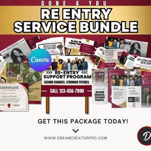 Puede incluir: Gráfico promocional para un paquete de servicios de reingreso. El diseño presenta varios documentos, incluidos certificados y folletos, con texto como "Programa de apoyo al reingreso" y "Segundas oportunidades, futuros más fuertes".