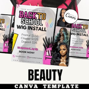 Wig Install Back to School Flyer Template | Editable Canva Hair Stylist Marketing Design for Beauty Salons & Hair Extensions / hair promo