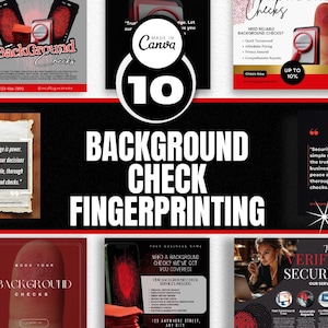 May include: A collage of images promoting background check services. The images feature fingerprints, a magnifying glass, and text that reads "Background Check Fingerprinting" and "Verify Secure".