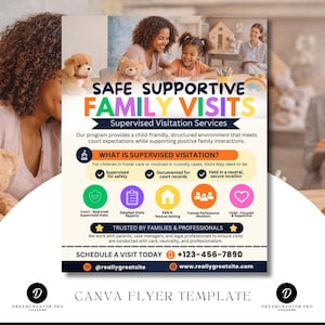 Könnte beinhalten: Ein Flyer mit der Aufschrift "SICHERE UNTERSTÜTZENDE FAMILIENBESUCHE" und "Begleitete Besuchsleistungen". Das Design zeigt eine Mutter und ein Kind sowie Icons, die die Dienstleistungen repräsentieren. Kontaktinformationen sind ebenfalls enthalten.
