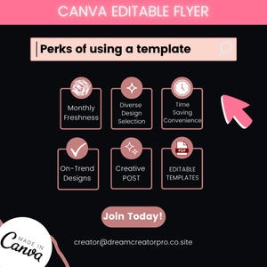 Puede incluir: Un folleto editable de Canva con fondo negro y detalles en rosa. El folleto destaca las ventajas de usar una plantilla, incluyendo frescura mensual, selecci&oacute;n de dise&ntilde;os diversos y ahorro de tiempo. Incluye el texto "Join Today!"