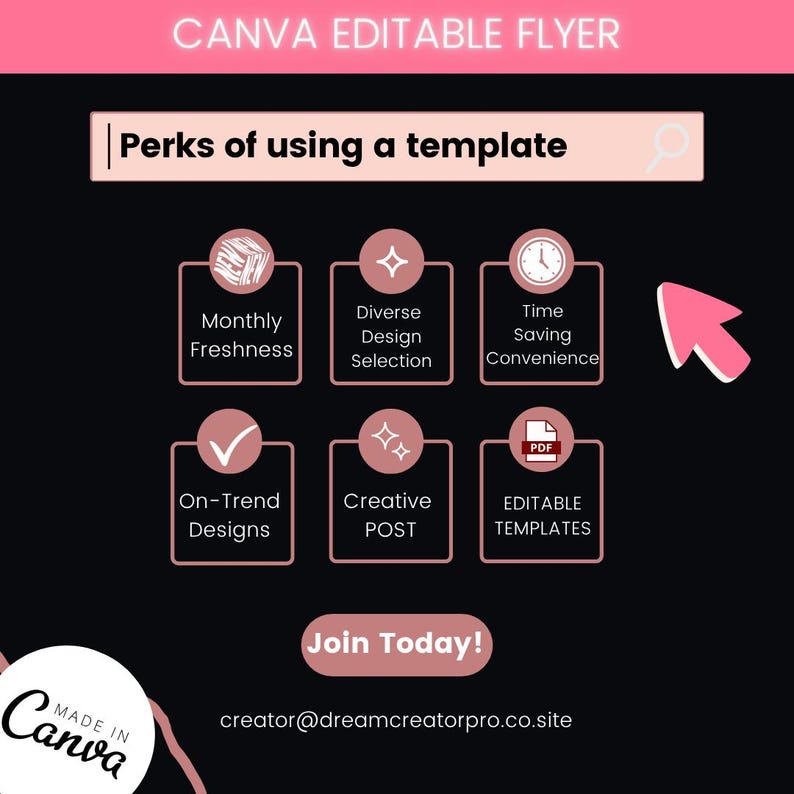 Puede incluir: Un folleto editable de Canva con fondo negro y detalles en rosa. El folleto destaca las ventajas de usar una plantilla, incluyendo frescura mensual, selecci&oacute;n de dise&ntilde;os diversos y ahorro de tiempo. Incluye el texto "Join Today!"