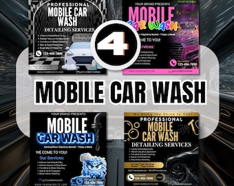 Mobile Car Wash Flyer Bundle | 4 Canva Templates | Auto Detailing Business Flyers | Editable Car Cleaning Service Templates