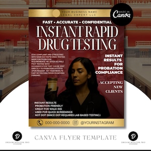 May include: A maroon and gold flyer promoting instant rapid drug testing. The flyer features a woman holding a urine sample, with text emphasizing fast, accurate, and confidential results for probation compliance. The flyer is a Canva template.
