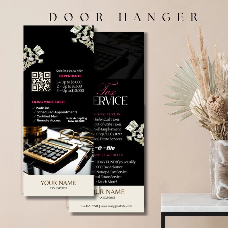 Tax Service Door Hanger Template - Editable Canva Tax Prep Door Flyer - Printable Marketing Design for Tax Preparer & Accounting Firms