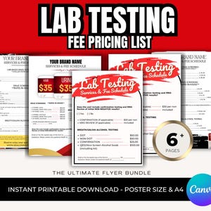 Könnte beinhalten: Ein Flyer-Bundle mit einer rot-schwarzen Überschrift mit der Aufschrift "LAB TESTING FEE PRICING LIST". Der Flyer enthält Preise für Drogentests, Haar-, Urin- und Atem-/Speichelalkoholtests. Das Bundle umfasst 6+ Seiten und ist sofort zum Download verfügbar.