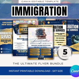 May include: A flyer bundle with the word "IMMIGRATION" in large, bold, white letters. The bundle includes five pages with information on immigration services, including citizenship, family-based petitions, and visa assistance. The design features blue and gold accents.