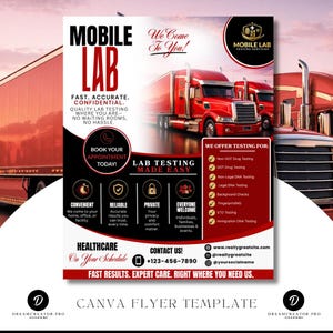 May include: A flyer for mobile lab testing services. The design features red semi-trucks, bold text, and icons. Text includes "Mobile Lab," "Fast, Accurate, Confidential," and a list of testing services offered. Contact information is also provided.