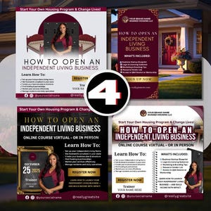 May include: Four promotional flyers with the text "How to Open an Independent Living Business." The flyers feature a woman holding a folder, with text including "Learn How To" and "Register Now." The color scheme is burgundy and white.