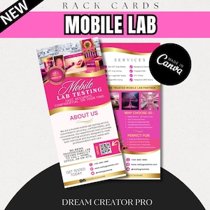 May include: Pink and white rack cards with the text "MOBILE LAB" and "Mobile Lab Testing". The cards list services, contact information, and a "Why Choose Us" section. The cards are designed with a modern aesthetic.