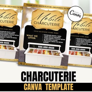 モバイル用シャルキュトリーフライヤーテンプレート Canva | 高級グラジングテーブルビジネスマーケティング | 編集可能なシャルキュトリーボードサービスフライヤー / Canva Cater