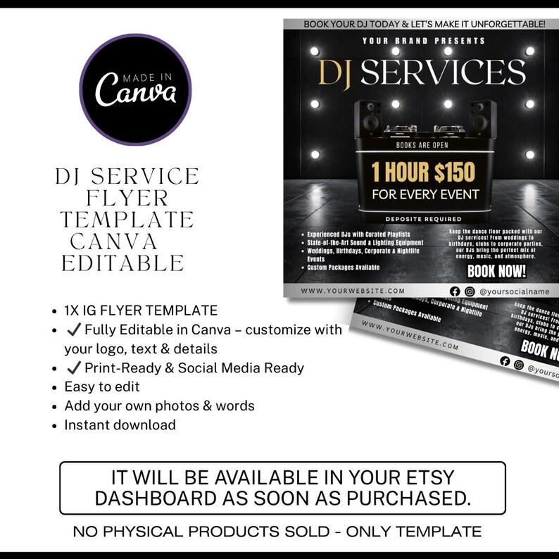 DJ Services Flyer Template | Canva Editable Instagram Post | Party & Wedding DJ Flyer | Nightlife Event Digital Download / dj business flyer