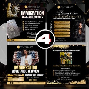 May include: Four promotional flyers for immigration assistance services. Each flyer features a black and gold design with images of the Statue of Liberty, a passport, and diverse individuals. Text includes service details and contact information.