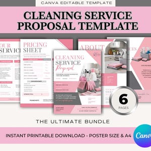May include: A six-page cleaning service proposal template in a pink and white color scheme. The document features sections for pricing, services, and company information, with text including Cleaning Service Proposal Template and The Ultimate Bundle.