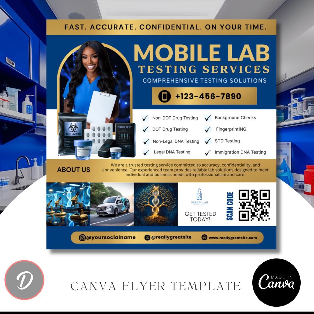 Lab Walk In Flyer Mobile Lab Flyer | Canva Templates | Drug Testing, DNA, & DOT Service ...