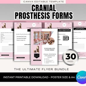 Może przedstawiać: Różowy i biały szablon Canva zatytułowany "CRANIAL PROSTHESIS FORMS". Obraz przedstawia pakiet drukowanych formularzy, w tym pakiety dokumentacji i listę potrzeb medycznych. Pakiet zawiera 30 stron i jest dostępny do natychmiastowego pobrania.