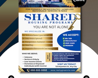 Shared Housing Flyer Template | Affordable Living Canva Flyer | Transitional Room Rental Ad |  Editable Design