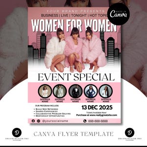Puede incluir: Folleto de evento rosa y blanco con el texto "WOMEN FOR WOMEN". El folleto presenta a tres mujeres con abrigos de piel sintética rosa y blanca. El folleto incluye detalles del evento, nombres de los oradores y la fecha del 13 de diciembre de 2025.