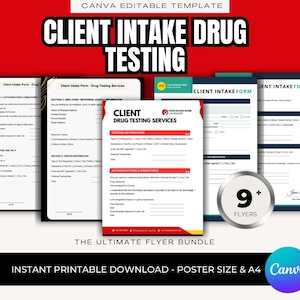 Peut inclure: Ensemble de flyers imprimables pour la prise en charge des clients et les services de dépistage de drogues. Les flyers ont une palette de couleurs rouge, blanche et noire avec le texte "Client Intake Drug Testing". Le lot comprend 9 flyers.