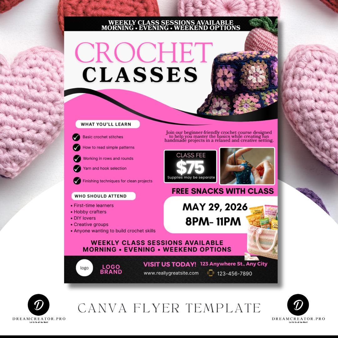 Girl Ror Project Flyer Crochet Class Flyer Template | Crochet Workshop Canva Template ...