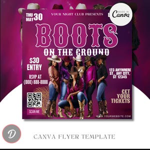 Puede incluir: Un folleto púrpura que anuncia un evento de club nocturno llamado "BOOTS ON THE GROUND". El folleto presenta imágenes de mujeres con botas y sombreros de vaquero. Incluye detalles del evento, un código QR y el texto "CANVA FLYER TEMPLATE".