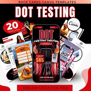 Op de afbeelding: Een promotieafbeelding voor DOT-testdiensten, met een smartphone-afbeelding met de tekst "DOT TESTING CENTER" en een vrachtwagenillustratie. De afbeelding bevat verschillende sjablonen en de tekst "20 TEMPLATES".