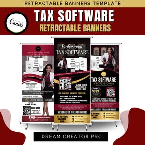 Puede incluir: Plantilla de banners retráctiles para software de impuestos, con el texto "Tax Software" en letras grandes. Los banners incluyen códigos QR, información de contacto y el texto "Cloud Based Software w/ Mobile App".
