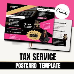 May include: A tax service postcard template with a pink and black design. The postcard includes information about tax services, including individual and out-of-state taxes. It also features a photo of a woman holding a tablet and the text "Filing Made Easy!"