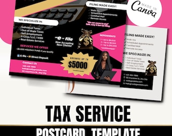 Plantilla de postal de servicio tributario - Diseño editable en Canva - Postal de marketing imprimible para preparadores de impuestos y profesionales de la contabilidad / Correo