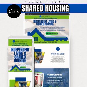 Puede incluir: Un gráfico de marketing digital para viviendas compartidas, que presenta un teléfono inteligente y una pantalla de computadora que muestra un diseño de sitio web. El diseño incluye el texto "Independent Living & Shared Housing" con un icono de casa y el logotipo de Canva.