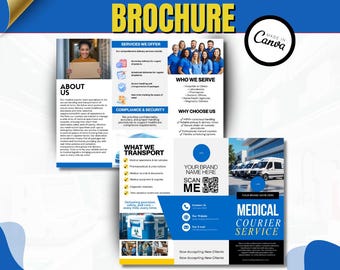 Plantilla de folleto de servicio de mensajería médica / Diseño editable en Canva para laboratorios, farmacias y servicios de atención médica.