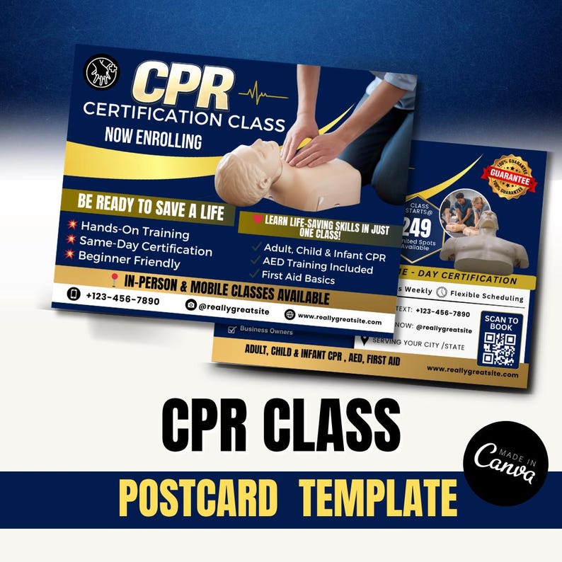 CPR Class Postcard Template | CPR Certification Flyer | Red CPR ...