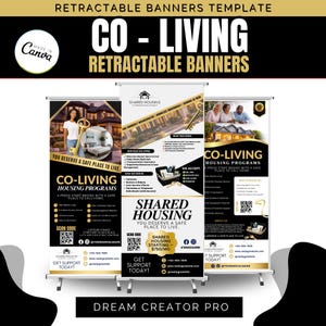 May include: Three retractable banners with the text "CO-LIVING" and "SHARED HOUSING". The banners feature images of homes and people, with text promoting housing programs and services. The banners are on a white background.