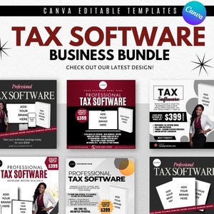 May include: A promotional image for a tax software business bundle. The design features the text "TAX SOFTWARE BUSINESS BUNDLE" and "CANVA EDITABLE TEMPLATES." Several mockups showcase the software's features, with the option to add a brand logo. The color scheme includes red, black, and white.