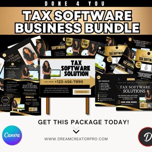 May include: A promotional image for a tax software business bundle. The design features various marketing materials, including business cards, flyers, and CD cases, all with a black and gold color scheme. The text includes "TAX SOFTWARE BUSINESS BUNDLE" and "TAX SOFTWARE SOLUTIONS".