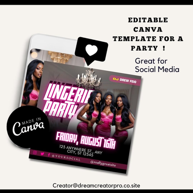 Lingerie Party Event Flyer Template/ Party flyer / Digital Flyer / Club Template / Event PARTY Canva / Editable / slumber party / pink women