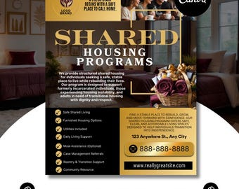 Shared Housing Flyer Template | Affordable Living Canva Flyer | Transitional Room Rental Ad |  Editable Design