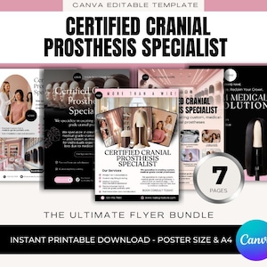 Puede incluir: Un paquete de siete folletos imprimibles para un especialista certificado en prótesis craneales. Los folletos presentan imágenes de pelucas y mujeres, con texto que incluye "Certified Cranial Prosthesis Specialist" y "The Ultimate Flyer Bundle."