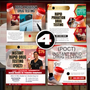 May include: Four promotional flyers for rapid drug testing services. Each flyer features a urine sample container with a red lid. Text includes "Rapid Probation Drug Testing" and "Instant Rapid Drug Testing (POCT)". Contact information is also displayed.