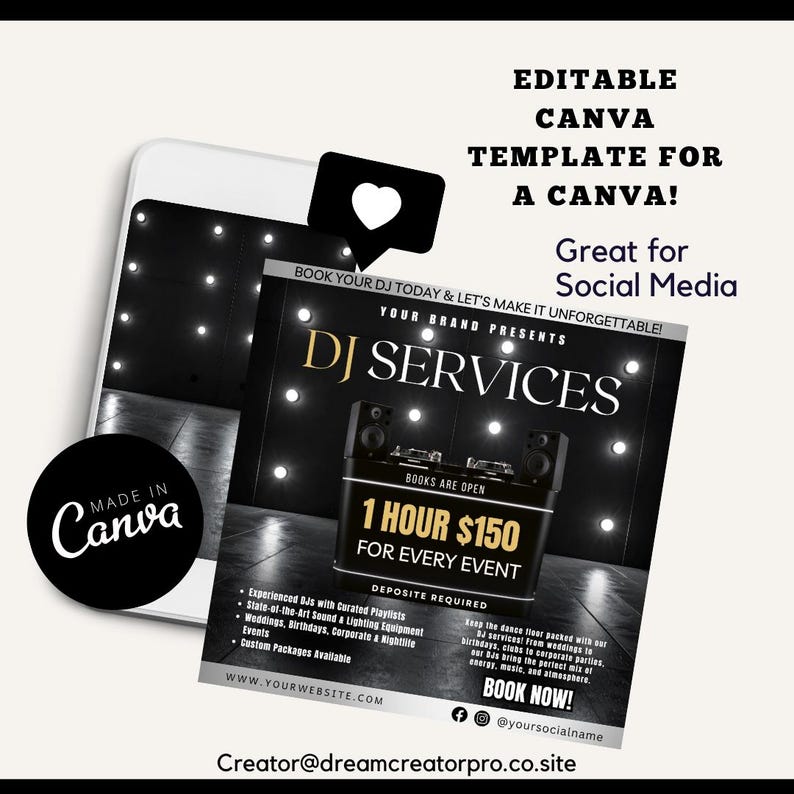 DJ Services Flyer Template | Canva Editable Instagram Post | Party & Wedding DJ Flyer | Nightlife Event Digital Download / dj business flyer