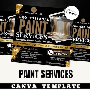 Op de afbeelding: Een zwart en goudkleurig flyer-sjabloon voor professionele schildersdiensten. Het ontwerp bevat de tekst "Professional Paint Services" en contactgegevens. De flyer vermeldt ook diensten zoals binnen- en buitenschilderwerk.
