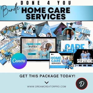 May include: A collection of Home Care Services marketing materials in blue and white. The bundle includes flyers, business cards, and a laptop screen with the words "Home Care Service". The Canva logo is also visible.