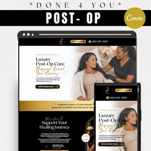 以下が含まれることがあります： 「Luxury Post-Op Care Designed Around Your Recovery」というテキストが表示されたウェブサイトと携帯電話の画面のデジタルモックアップ。ウェブサイトは、女性の画像を使用した黒と金のカラースキームです。